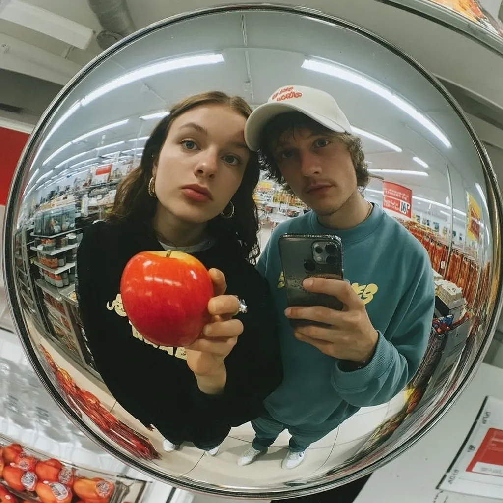 A fisheye lens captures a young couple in a supermarket. The woman holds a red apple, while the man holds a phone.  They are smiling at the camera, their reflections distorted by the lens. The supermarket's shelves and products are visible in the background, creating a vibrant, youthful atmosphere.  The image is bright and has a slightly vintage feel.