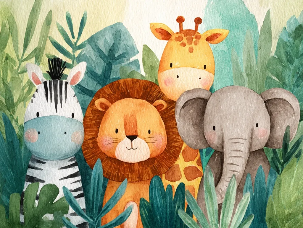 A charming watercolor illustration features four adorable safari animals nestled amongst lush tropical foliage.  A zebra, lion, giraffe, and elephant are depicted in a friendly grouping, their soft features and pastel colors creating a sweet and gentle scene perfect for children's décor.  The vibrant green leaves provide a beautiful backdrop to the animals.