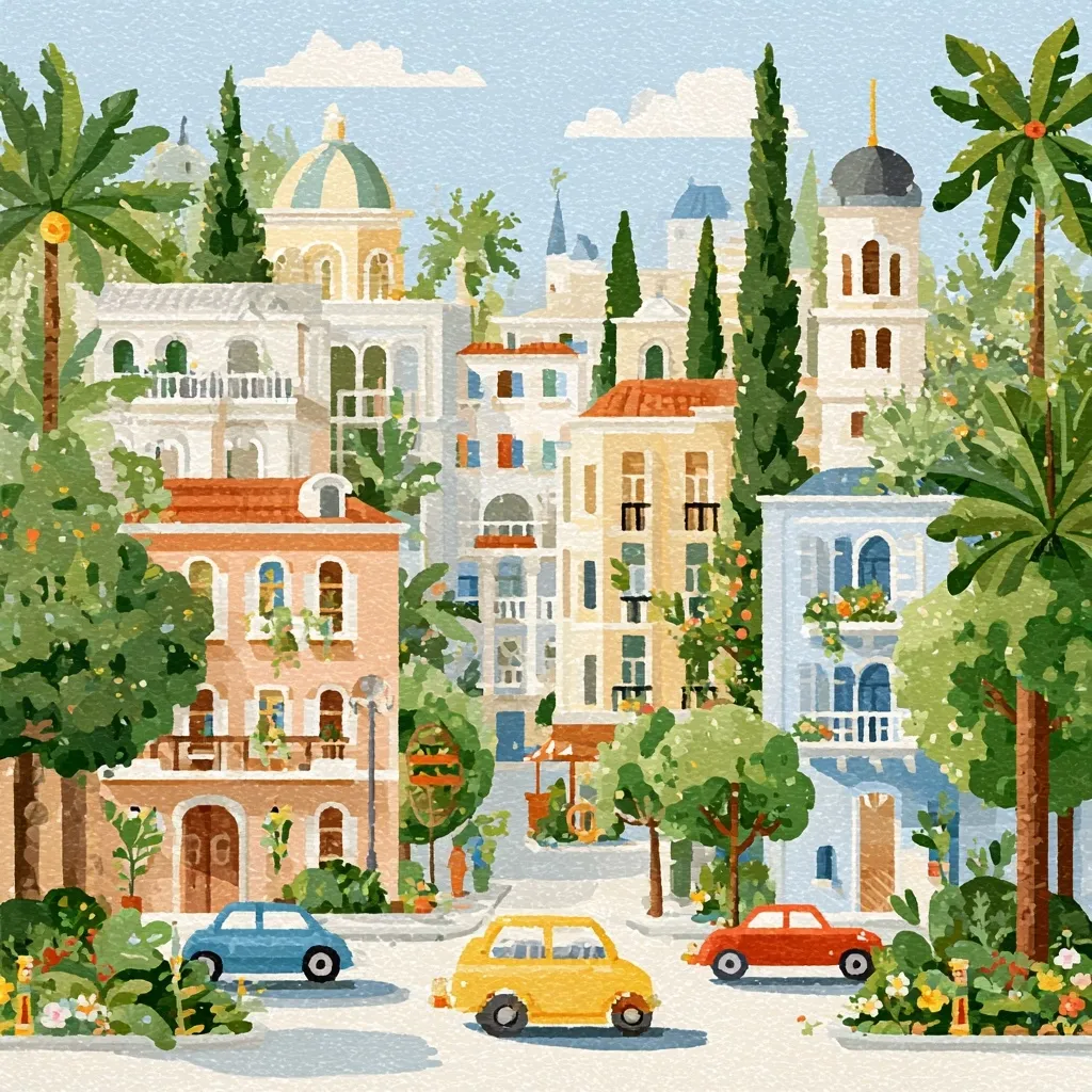 A charming watercolor-style illustration depicts a sun-drenched Mediterranean street scene.  Colorful buildings with terracotta roofs and balconies are nestled amongst lush greenery, including palm trees and flowering shrubs.  Small cars are parked along the street, adding to the idyllic atmosphere.  The style is whimsical and inviting, evoking a sense of warmth and tranquility.