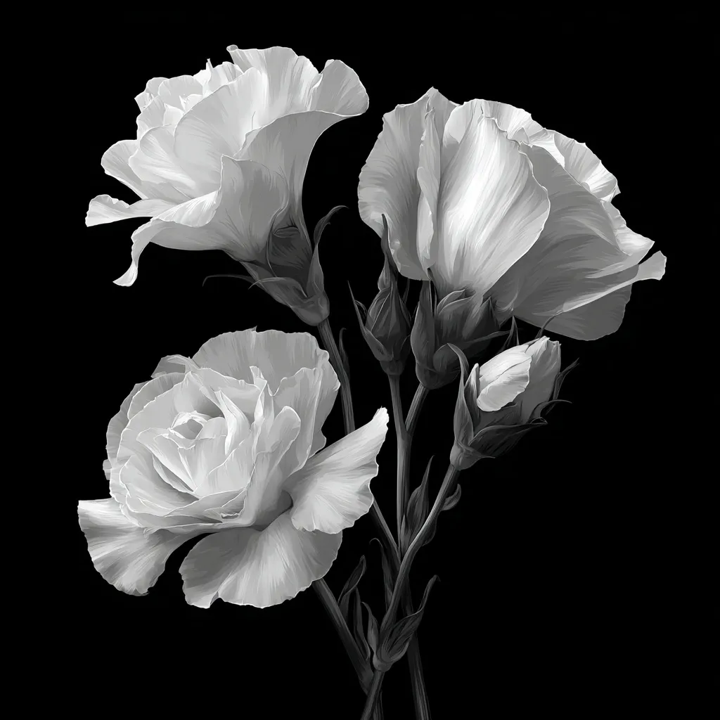 A monochrome close-up captures a trio of Eustoma grandiflorum, commonly known as lisianthus, blossoms.  Their delicate, layered petals are exquisitely detailed against a stark black backdrop.  Two fully opened flowers are prominently featured, accompanied by a smaller, unopened bud, showcasing the elegance of the plant's various stages of bloom. The stems and leaves are subtly textured, adding depth to the monochromatic composition.