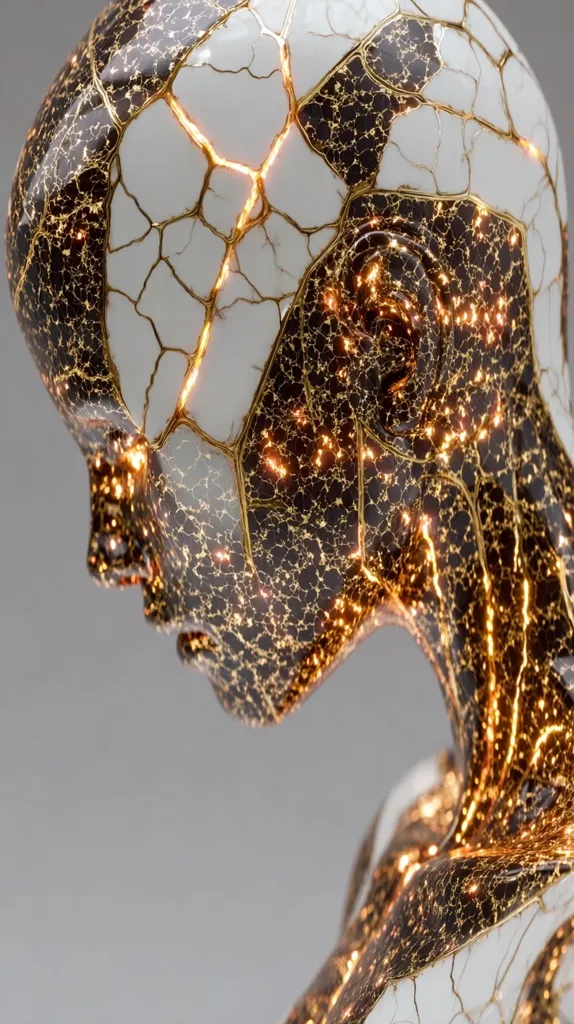 A close-up reveals a striking sculpture, seemingly a head and shoulders, crafted from a material resembling cracked porcelain.  The cracks are filled with a shimmering, gold-like substance, creating a network of glowing lines against a backdrop of black and white.  The overall effect is one of intricate detail and ethereal beauty, suggesting fragility and inner light. The sculpture's posture is subtly bowed, adding to its contemplative air.