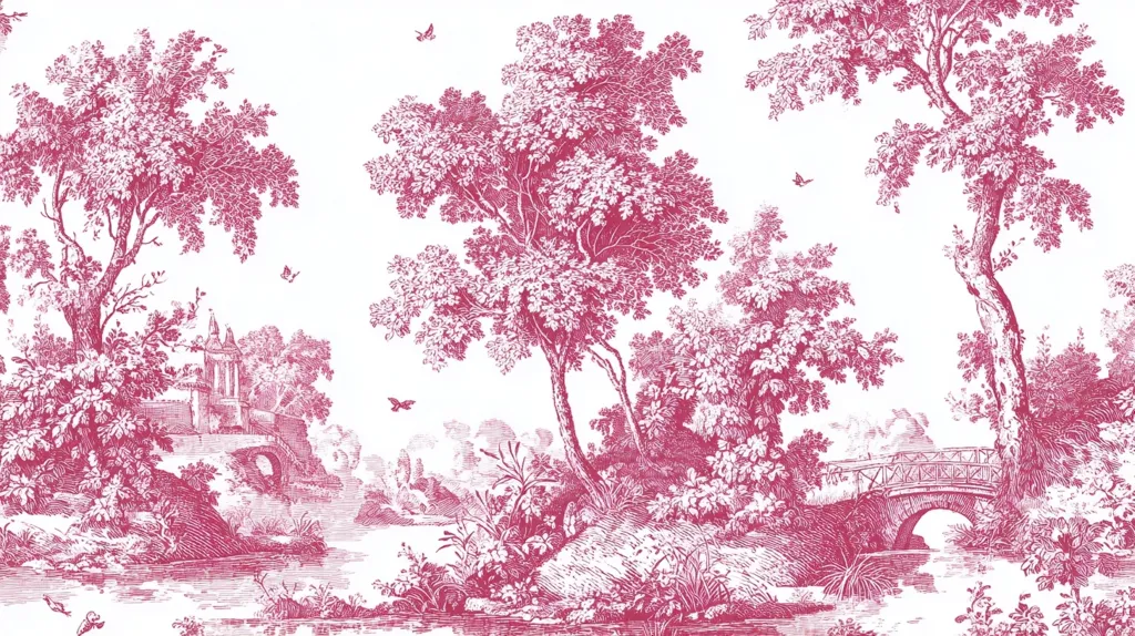 A pink and white toile print depicts a serene landscape.  Lush trees frame a tranquil river scene, featuring a stone bridge and a small building on the left bank.  Delicate butterflies flutter amongst the foliage. The style is reminiscent of 18th-century French pastoral art, with detailed, etched-like lines creating a sense of depth and tranquility.  The overall effect is elegant and romantic.