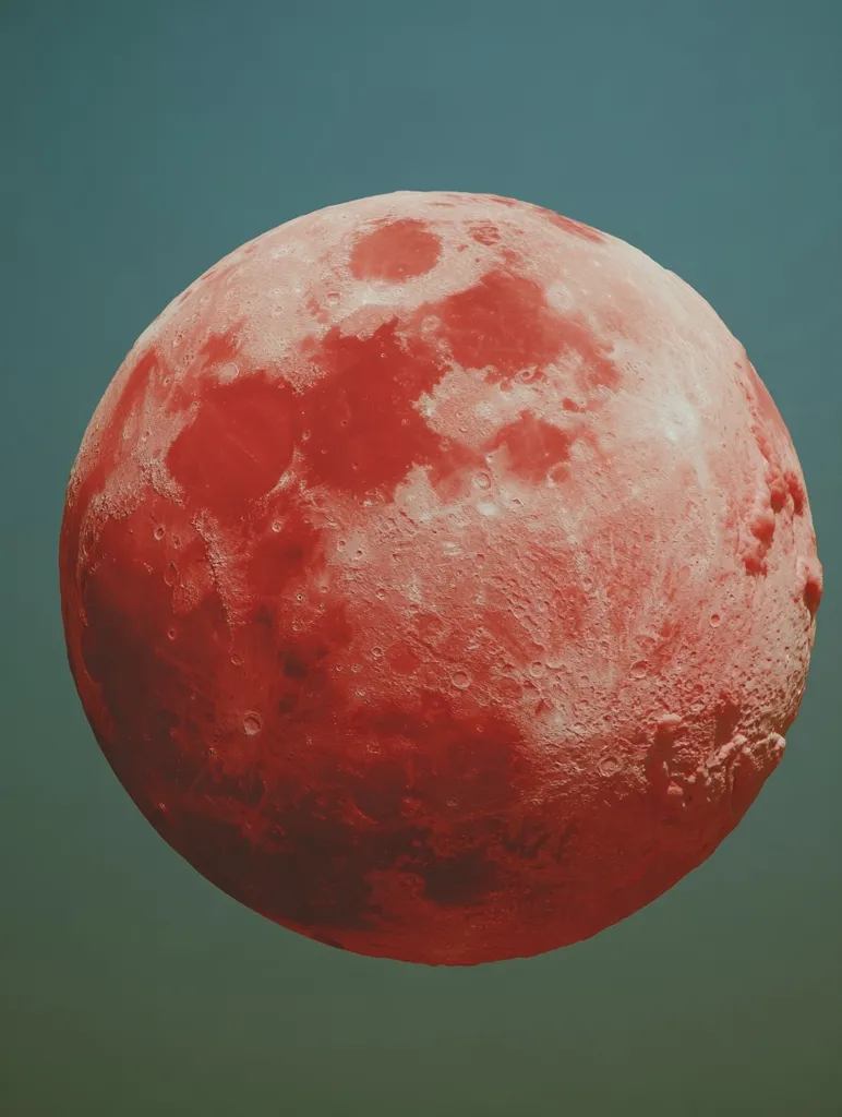 A vibrant, crimson moon dominates the frame against a muted teal backdrop.  Its surface is textured with craters and subtle shading, giving a three-dimensional appearance. The color is intensely saturated, creating a striking contrast with the subdued background. The overall image evokes a feeling of otherworldly beauty and mystery.