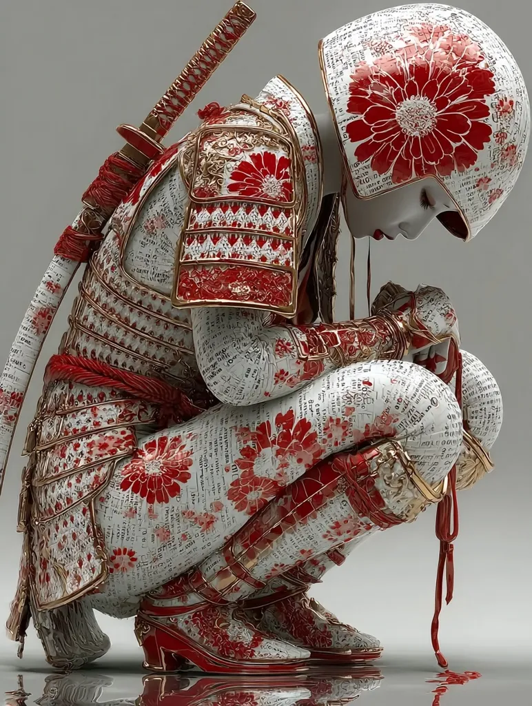 A female figure, clad in ornate samurai armor, crouches on a reflective surface. The armor is predominantly white and gold, adorned with red floral patterns and what appears to be text.  A katana is sheathed at her back.  The helmet, matching the armor's design, is lowered, concealing her face partially. The overall aesthetic blends traditional Japanese elements with a delicate, almost porcelain-like quality.