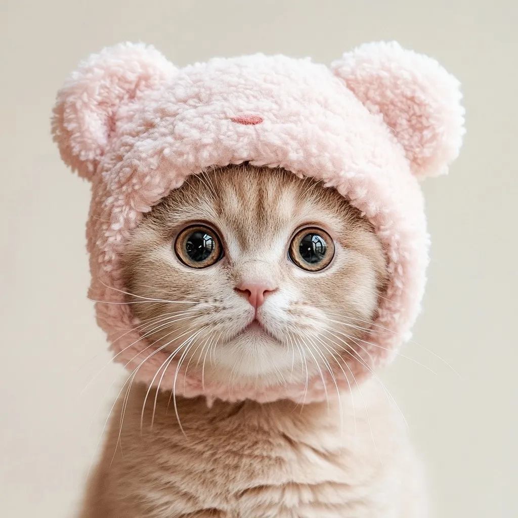 An adorable light brown kitten is wearing a fluffy pink bear-shaped hat.  Its large, expressive eyes gaze directly at the camera, giving it an endearing and curious look. The soft texture of both the cat's fur and the hat are emphasized in the close-up shot. The neutral background highlights the kitten's cuteness.