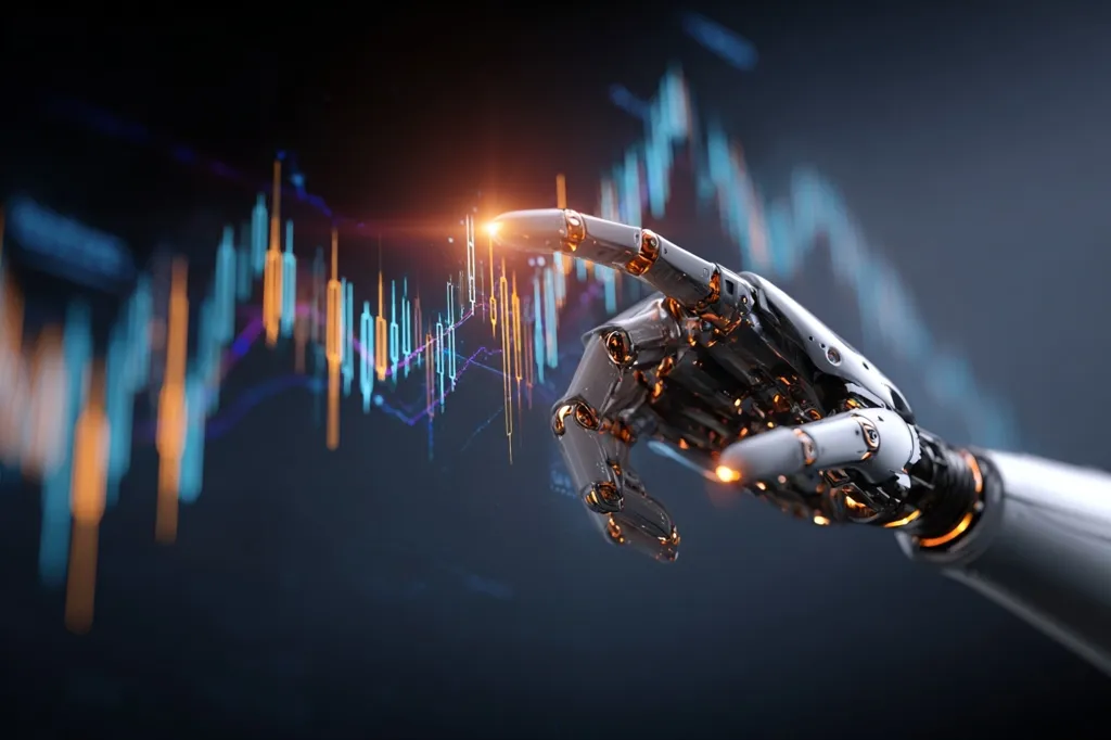 A robotic hand interacts with a dynamic, holographic stock market graph.  The metallic hand, gleaming with subtle orange highlights, extends a finger towards fluctuating blue and orange candlestick charts.  The image suggests automation and artificial intelligence in finance, highlighting the increasing role of technology in trading and market analysis.  The dark background accentuates the futuristic feel.