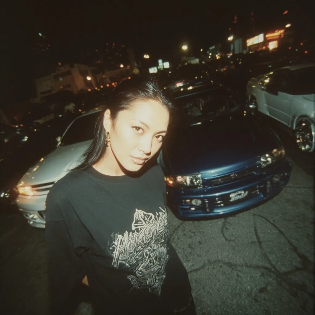 A young woman with long dark hair and gold earrings poses for a nighttime photo. She's wearing a black t-shirt with a graphic design.  Behind her are several cars parked in a dimly lit city street, creating a vibrant, urban backdrop. The image has a grainy, nostalgic feel reminiscent of film photography.