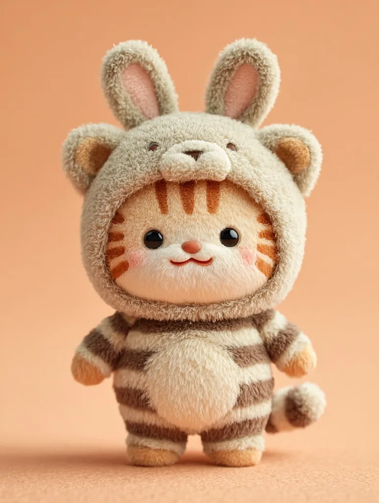 An adorable plush toy, a cat dressed in a bunny costume, stands against a peach-colored backdrop. The costume is light beige with brown stripes and features bunny ears atop a hooded design. The cat's face is sweet and simple, with large, dark eyes. The overall texture of the toy appears soft and fluffy, suggesting a cuddly feel.  The image highlights the toy's charming design and soft, plush material.