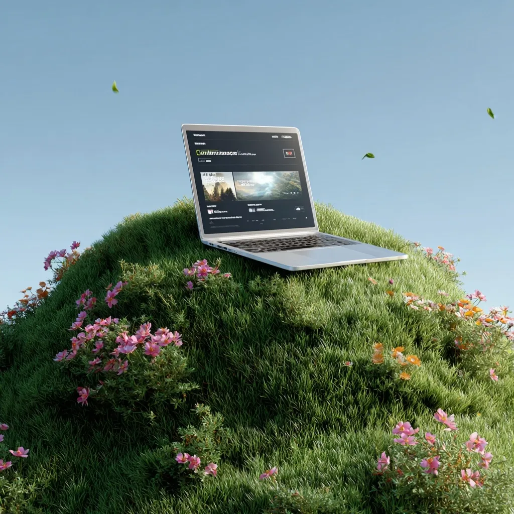 A silver laptop rests on a small, grassy hill adorned with pink and orange wildflowers.  The laptop displays a streaming service interface, suggesting access to nature documentaries or similar content.  The scene is serene and idyllic, under a clear blue sky with a few leaves gently falling.  The overall impression is one of peaceful technological access to nature.