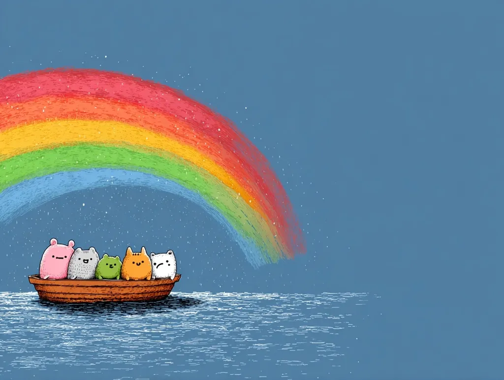 A whimsical illustration depicts five adorable, cartoonish animals—a pink pig, gray bear, green frog, orange cat, and white polar bear—in a small wooden boat on a calm sea.  A vibrant, textured rainbow arches overhead against a dusky blue sky, sprinkled with tiny stars. The scene evokes a sense of gentle adventure and childlike wonder.