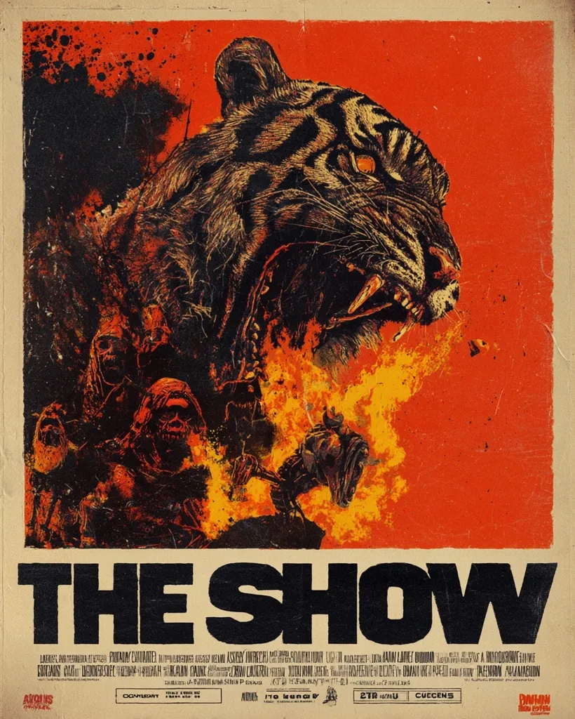 A gritty poster for "The Show" features a roaring tiger amidst fiery chaos.  Below, figures resembling burning corpses or spectral beings are depicted, suggesting a violent or apocalyptic theme. The style is reminiscent of vintage horror movie posters with a distressed, textured look and bold typography. The overall tone is dark, intense, and visually striking.
