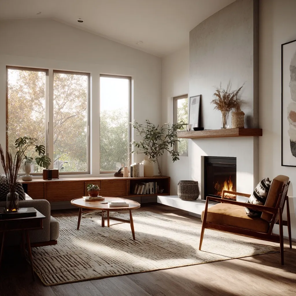 A sunlit living room features a mid-century modern aesthetic.  Large windows showcase autumnal trees.  A wooden coffee table sits on a patterned rug in front of a cozy fireplace with a warm fire burning.  A leather armchair and built-in shelving complete the space, creating a calm and inviting atmosphere.  Neutral tones and natural elements are prominent throughout.