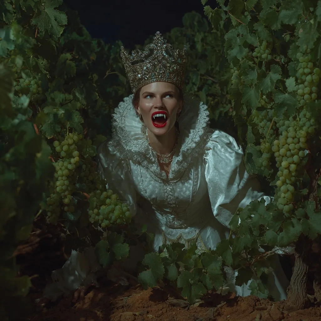 A vampire queen, adorned in a jeweled crown and elegant white gown with a high collar, crouches amidst lush green grapevines.  Her fangs are bared in a sinister smile, revealing a predatory glint in her eyes.  The dark, moody setting enhances the gothic atmosphere, creating a dramatic and captivating image.