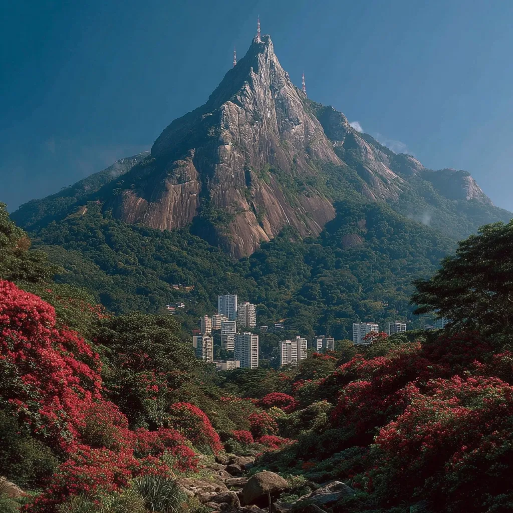 A majestic mountain, possibly in a tropical region, dominates the landscape.  Its rocky peak is punctuated by communication towers. Lush green vegetation covers its slopes, contrasting with a cluster of residential buildings nestled at its base.  Vibrant red flowers bloom profusely in the foreground, creating a striking visual contrast against the greenery and the imposing mountain. A rocky stream meanders through the flowering plants.