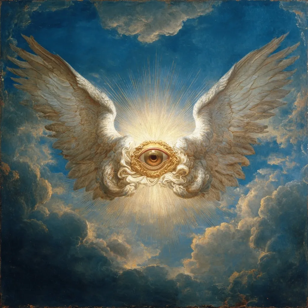 A celestial eye, encircled by a golden frame and radiant light, is depicted within a pair of enormous, feathered wings. The eye, the central focus, is surrounded by billowing clouds that suggest a divine presence.  The painting's background is a dramatic sky, filled with clouds, conveying a sense of grandeur and otherworldly power. The overall impression is one of awe and spiritual significance.