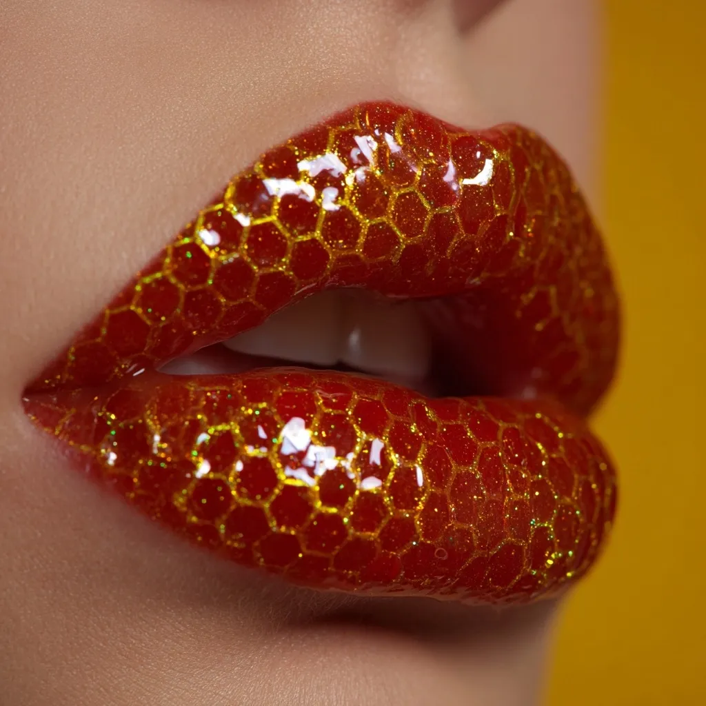 Close-up of a woman's lips adorned with glossy, red lipstick.  The lipstick features a unique honeycomb texture with golden glitter embedded within the red base, creating a shimmering, three-dimensional effect. The image is sharply focused on the lips, highlighting the intricate detail of the cosmetic application against a blurred yellow background.