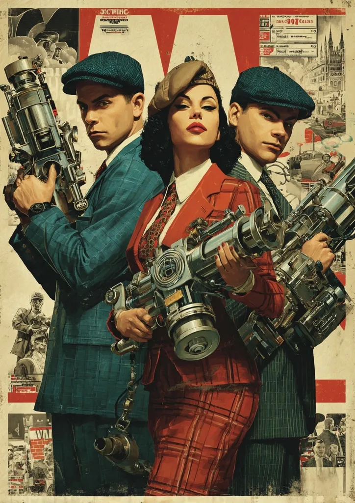 A stylized illustration depicts three figures, two men in newsboy caps and a woman in a red plaid suit, centrally positioned.  They wield large, intricate steampunk-style weapons. The backdrop is a collage of vintage newspaper clippings and imagery, suggesting a 1930s-1940s setting.  The overall style is reminiscent of pulp fiction or propaganda posters. The image evokes themes of espionage, adventure, and a retro-futuristic aesthetic.