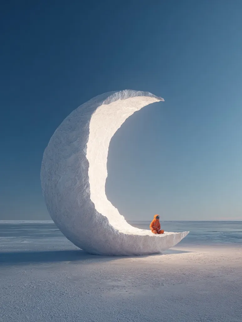 A lone figure in an orange spacesuit sits atop a massive, crescent-shaped ice formation. The smooth, white structure resembles a giant moon, contrasting against the serene, icy expanse and clear blue sky. The scene evokes a sense of isolation and peaceful contemplation in a desolate, yet beautiful, landscape. The lighting suggests a calm, possibly ethereal, atmosphere.