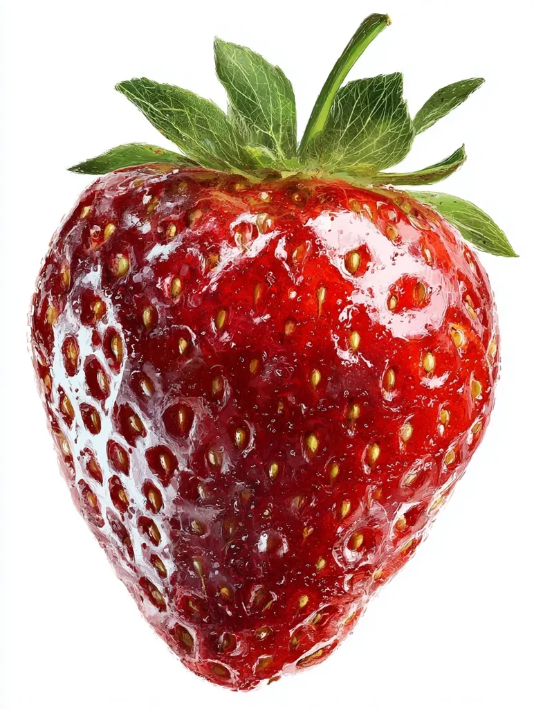 A vibrant, ripe strawberry is presented against a stark white backdrop.  Its glossy, red surface is punctuated by numerous tiny yellow seeds, and the green calyx is vividly detailed.  The image showcases the strawberry's juicy texture and rich color, creating a sense of freshness and deliciousness.