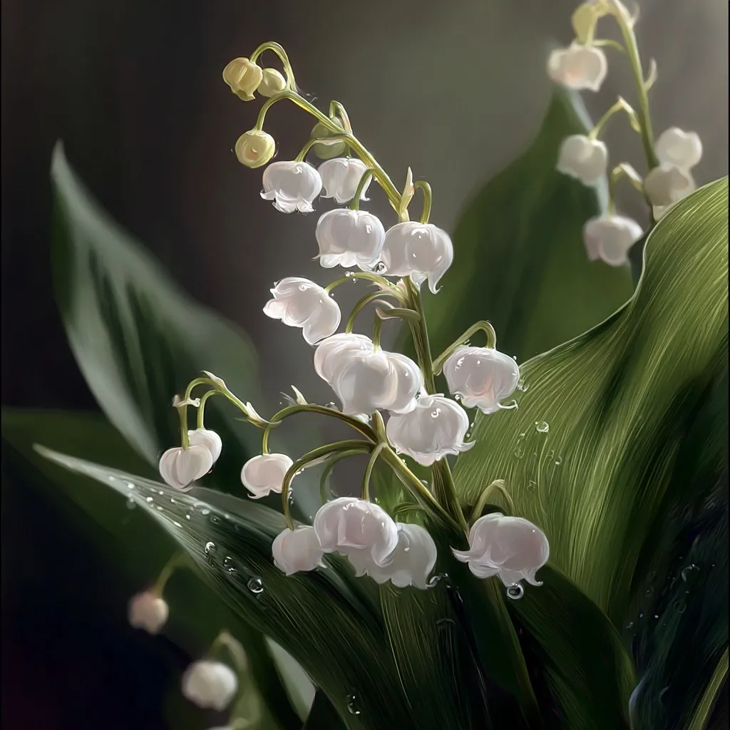 A digital painting showcases a delicate cluster of lily of the valley blossoms.  The bell-shaped white flowers, adorned with glistening droplets, hang gracefully from slender green stems. Lush, vibrant green leaves form a backdrop, enhancing the ethereal beauty of the flowers.  Soft light illuminates the scene, creating a serene and tranquil atmosphere.  The overall impression is one of springtime freshness and natural elegance.