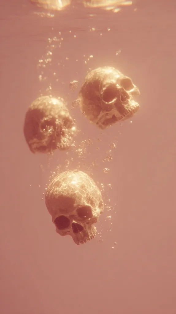 Three golden skulls sink beneath the surface of calm, peach-colored water.  Bubbles rise around them, creating a surreal, ethereal atmosphere. The light filters through the water, illuminating the skulls in a soft, almost dreamlike glow.  The image evokes a sense of mystery and the passage of time.