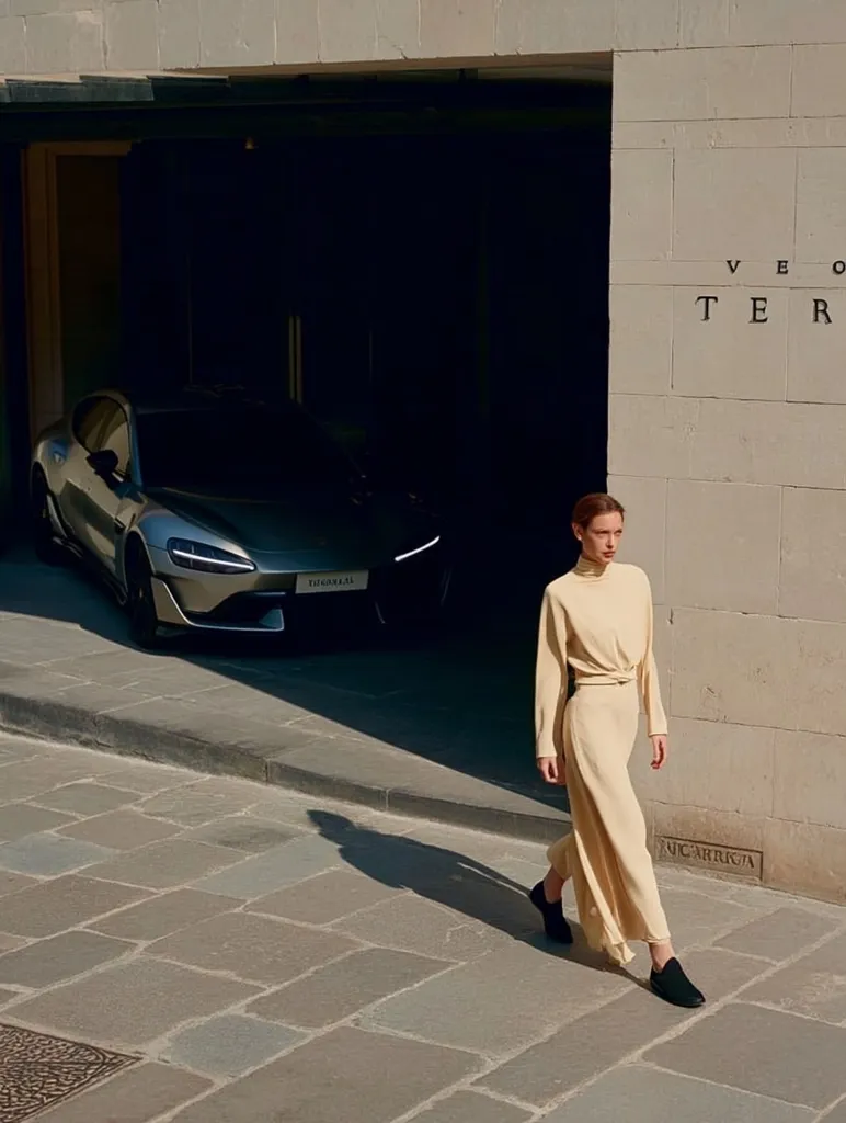 A woman in a pale yellow, long-sleeved midi dress and black slip-on shoes walks past a sleek, silver sports car parked in a garage.  The garage is part of a modern building with a stone facade. Sunlight illuminates the scene, casting shadows on the pavement. The word "VETTER" is subtly engraved on the building's exterior.  The overall aesthetic is minimalist and sophisticated.