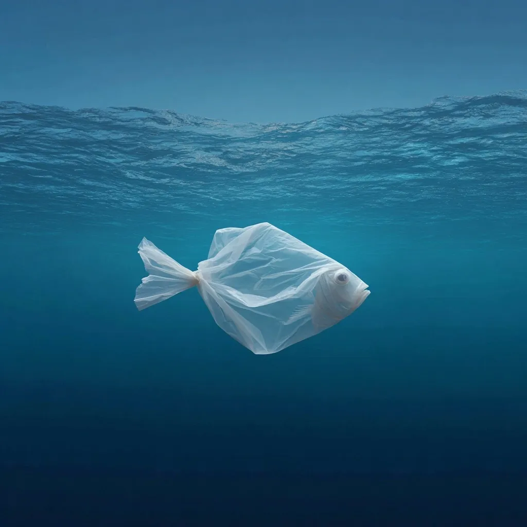 An underwater image depicts a plastic bag shaped like a fish, swimming in the ocean.  The bag's form mimics a fish's body, highlighting the devastating impact of plastic pollution on marine life. The deep blue water provides a stark contrast to the white plastic, emphasizing the severity of the environmental issue.  The scene is a powerful visual metaphor for ocean contamination.