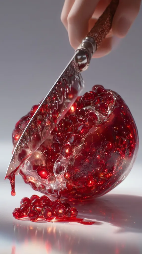 A hand holds an ornate knife slicing into a translucent pomegranate.  The fruit's arils are vibrant red and jewel-like, with juice dripping onto a reflective surface.  The image is sharply focused, highlighting the texture of both the knife and the pomegranate, creating a visually striking and almost surreal effect. The scene is minimalist, with a muted background emphasizing the rich colors of the fruit.
