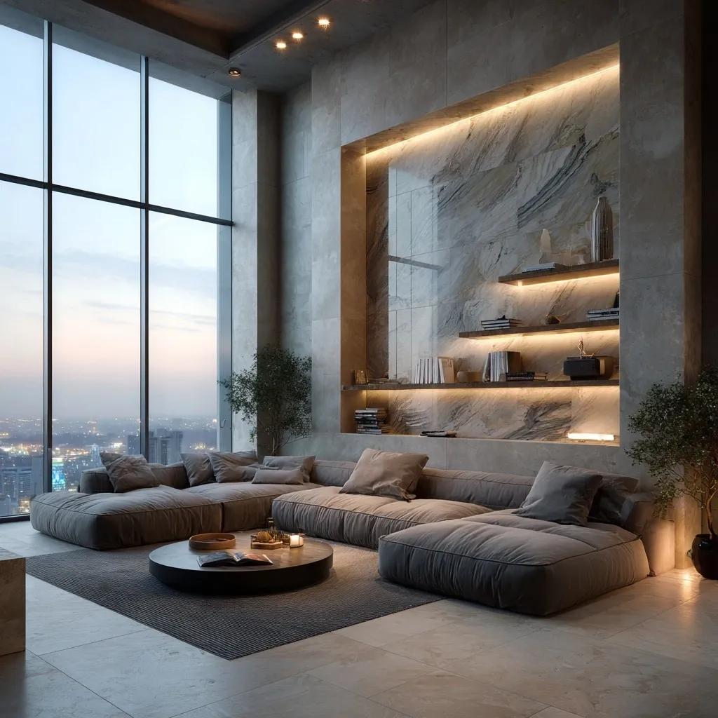 A modern living room boasts a spacious, modular grey sofa facing floor-to-ceiling windows offering a panoramic city view at dusk.  A low circular coffee table sits in the center of a dark grey rug.  A built-in shelving unit with warm LED lighting showcases books and decorative items against a marble wall, adding a sophisticated touch to the minimalist design.  Potted plants add a touch of nature.
