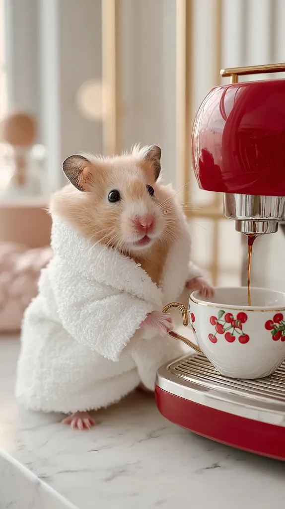 An adorable hamster, dressed in a fluffy white robe, stands by a red espresso machine.  A small, cherry-patterned cup sits beneath the espresso spout, as the machine prepares a drink. The hamster seems to be patiently awaiting its tiny cup of coffee, creating a charming and humorous scene. The setting is bright and clean, with a marble countertop.