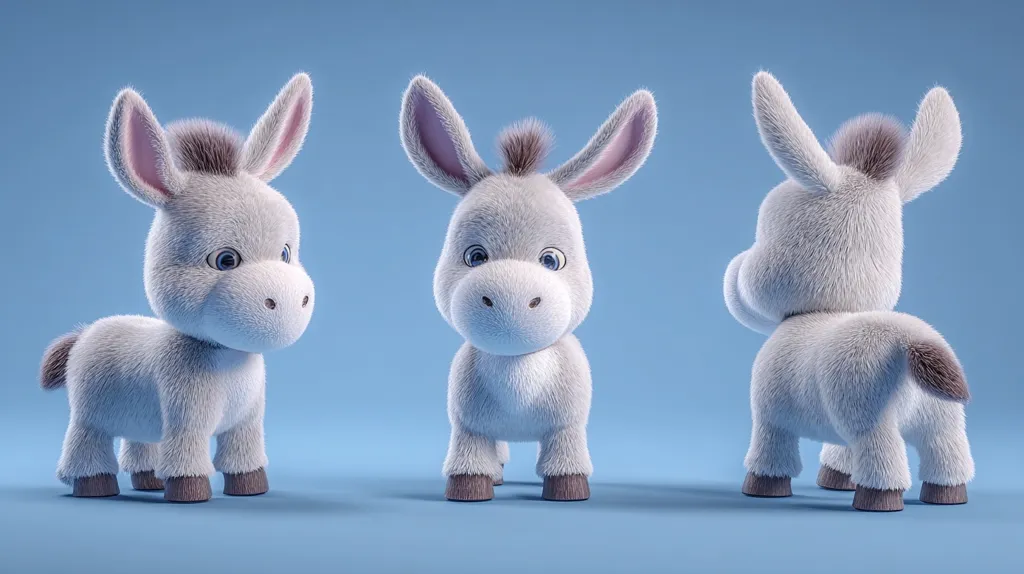 Three adorable, fluffy cartoon donkeys are shown against a light blue background.  One faces forward, one to the side, and the third faces away.  They are rendered with soft, realistic fur and large, expressive eyes, creating a charming and whimsical image.  Their grey fur and small hooves add to their endearing character.