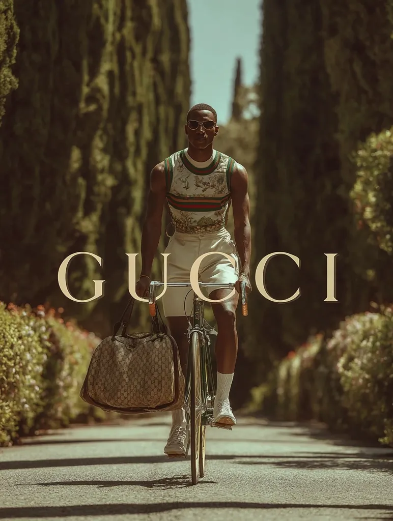 A dark-skinned man in sunglasses and a Gucci sleeveless shirt cycles down a tree-lined path. He wears cream-colored shorts and white socks with shoes. A Gucci monogrammed duffel bag hangs from the handlebars of his bicycle.  The word "GUCCI" is prominently displayed over the image, creating a stylish, vintage-inspired advertisement. The overall aesthetic is one of classic sophistication and effortless cool.