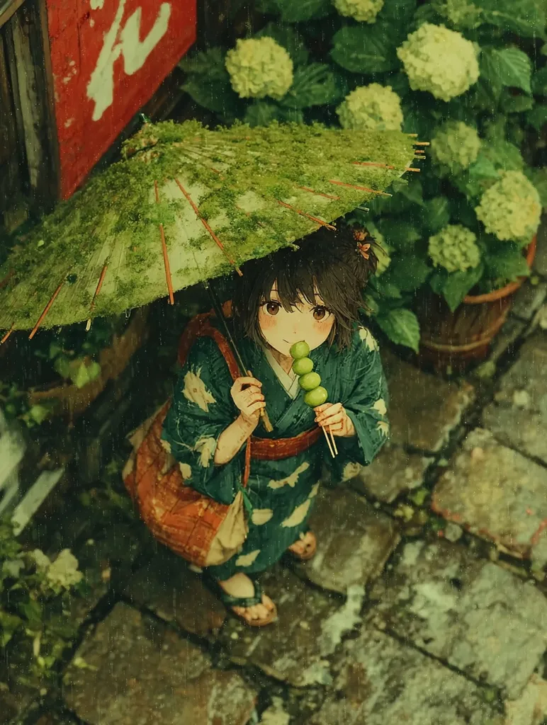 A young woman in a teal kimono stands under a moss-covered umbrella in a rain-soaked alleyway.  Hydrangeas bloom in large pots beside her. She holds a skewer of green dango, a traditional Japanese sweet. The scene is evocative of a quiet, nostalgic moment in a Japanese town. The overall mood is serene and slightly melancholic.