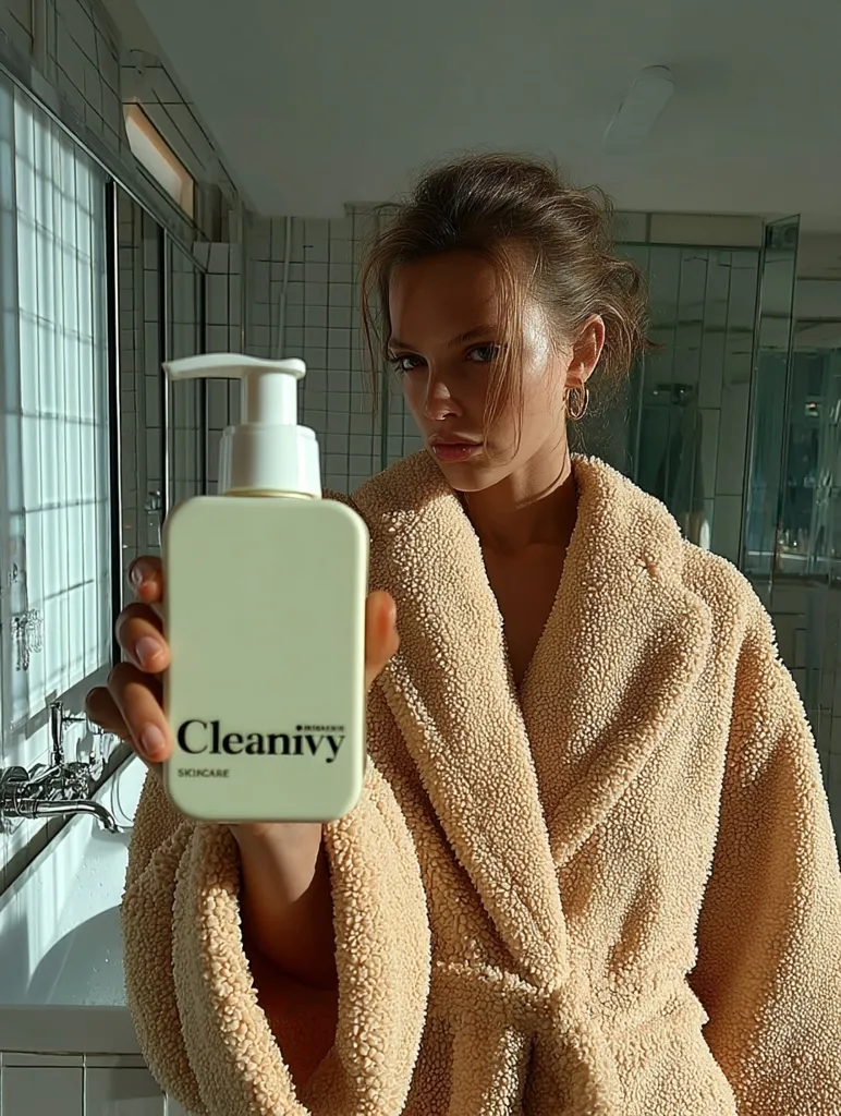 A young woman in a beige bathrobe holds up a bottle of Cleanivy skincare.  The bottle is off-white with minimalist black lettering. The woman is in a bright bathroom, bathed in natural sunlight. Her expression is serious and focused as she showcases the product. The overall aesthetic is clean, modern, and sophisticated.