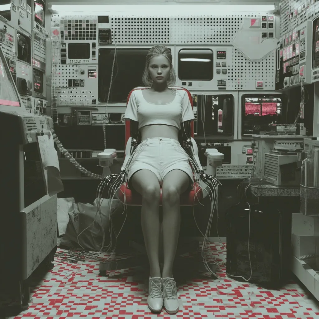 A young woman with blonde hair sits in a red chair, connected to numerous wires and robotic arms in a cluttered, futuristic control room.  The room is filled with vintage-looking technology, monitors displaying data streams, and various electronic equipment.  She wears a white crop top and shorts, presenting a blend of human and machine elements in a dystopian or cyberpunk setting.  The overall aesthetic is muted and somewhat grunge, emphasizing the technological environment.
