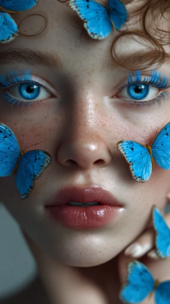 A close-up portrait of a young woman's face adorned with numerous vibrant blue butterflies.  Her freckled skin, bright blue eyes accentuated with matching blue lashes, and rosy lips create a dreamy, ethereal aesthetic.  The butterflies are delicately positioned around her eyes and cheeks, enhancing the overall magical and enchanting mood of the image.