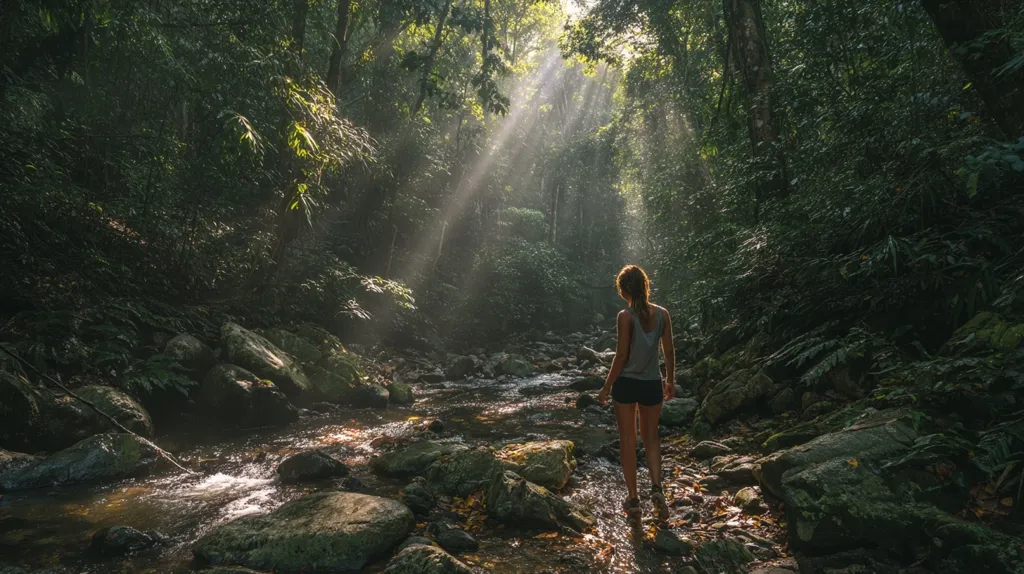 A woman stands by a stream in a lush, sun-dappled forest.  Sunlight streams through the dense canopy, illuminating the path and the rocky stream bed.  The woman, facing away, appears to be enjoying the peaceful solitude of the natural setting. The atmosphere is serene and tranquil, showcasing the beauty of the untouched wilderness.