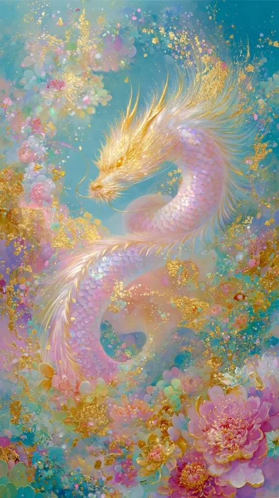 A pastel-colored dragon, predominantly pink and gold, gracefully curves through a vibrant, ethereal landscape.  Its scales shimmer, blending seamlessly with the surrounding flowers and glittering particles.  The background is a dreamy mix of soft blues, pinks, and golds, creating a magical and enchanting scene.  Large peonies and other blossoms add to the whimsical beauty.