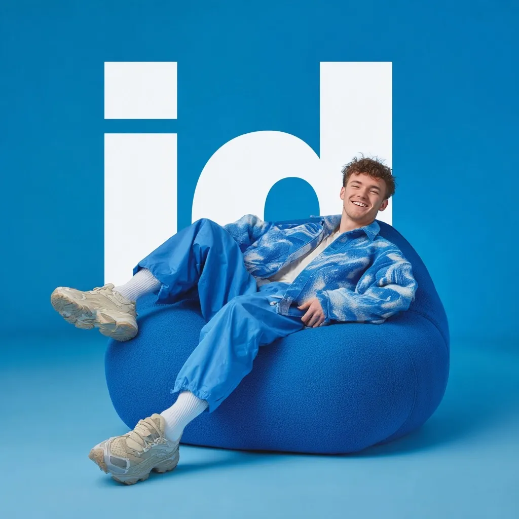 A young man with curly hair smiles while lounging in a large, blue beanbag chair. He's dressed in a blue, patterned jacket and matching pants, and beige sneakers.  The backdrop is a vibrant blue, with a large white "id" prominently displayed.  The image is bright, casual, and conveys a sense of comfort and relaxation.