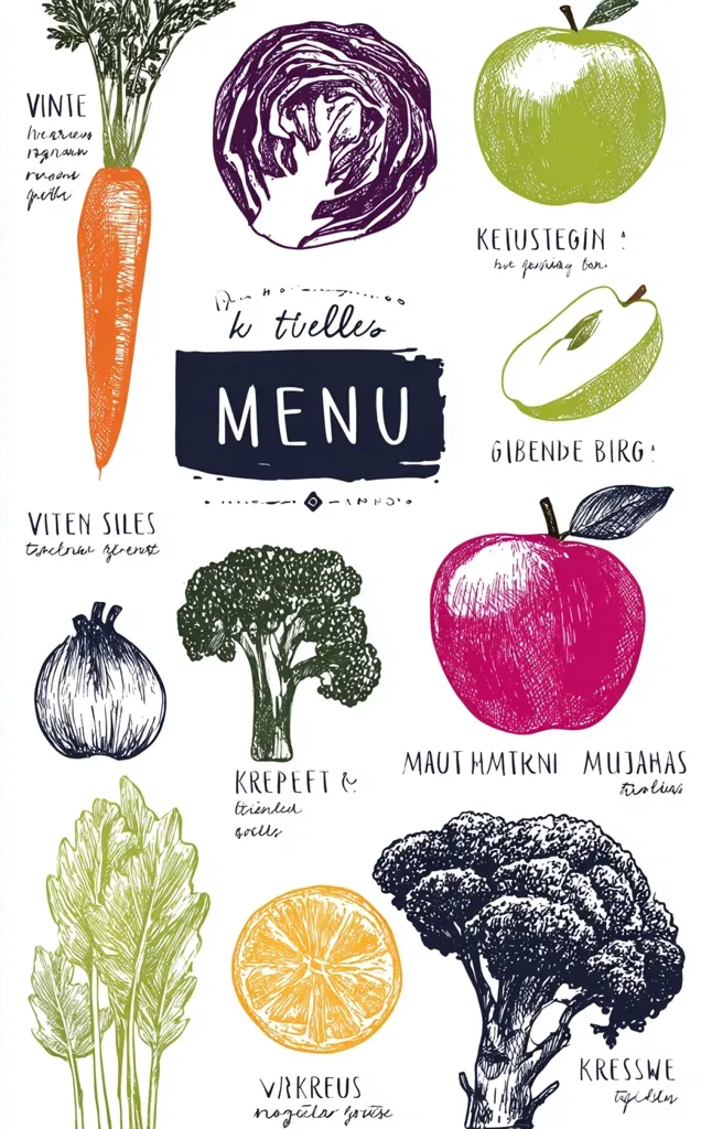 This hand-drawn menu features a variety of vegetables and fruits.  Items include carrots, red cabbage, green and red apples, broccoli, figs,  lemon, and leafy greens.  Each item is labeled with a name and a brief description, seemingly in a foreign language. The menu's title is "k tielles Menu," presented in a stylized font.  The overall style is rustic and charming, reminiscent of a vintage cookbook illustration.