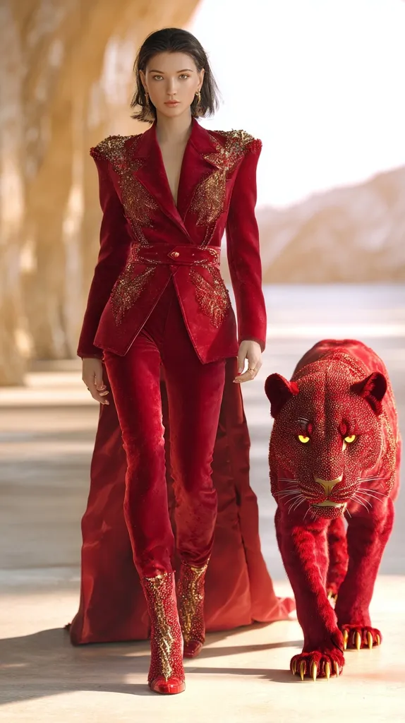 A woman in a striking red velvet pantsuit adorned with gold embellishments walks confidently.  The suit features a tailored blazer and matching trousers, complemented by exquisite red and gold boots.  A crimson, jewel-encrusted panther walks alongside her, adding to the dramatic and opulent scene.  The setting appears to be a sun-drenched outdoor location.