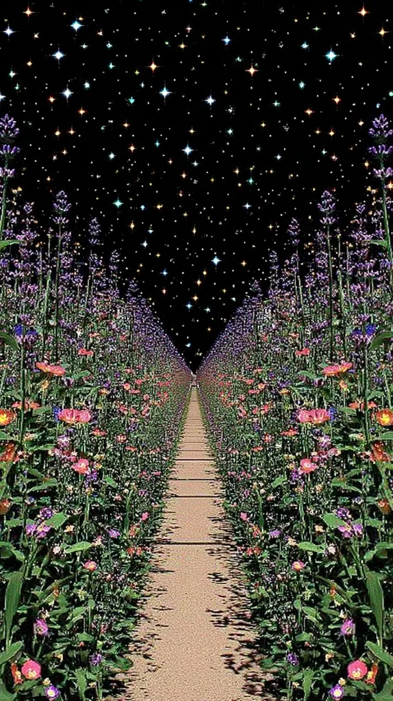 A digital artwork depicts a path lined with vibrant wildflowers extending to a starry night sky.  The flowers are predominantly purple and pink, creating a colorful contrast against the dark background. The path converges at a vanishing point under a multitude of sparkling stars, giving the image a surreal and dreamy atmosphere.  The overall aesthetic is whimsical and fantastical.
