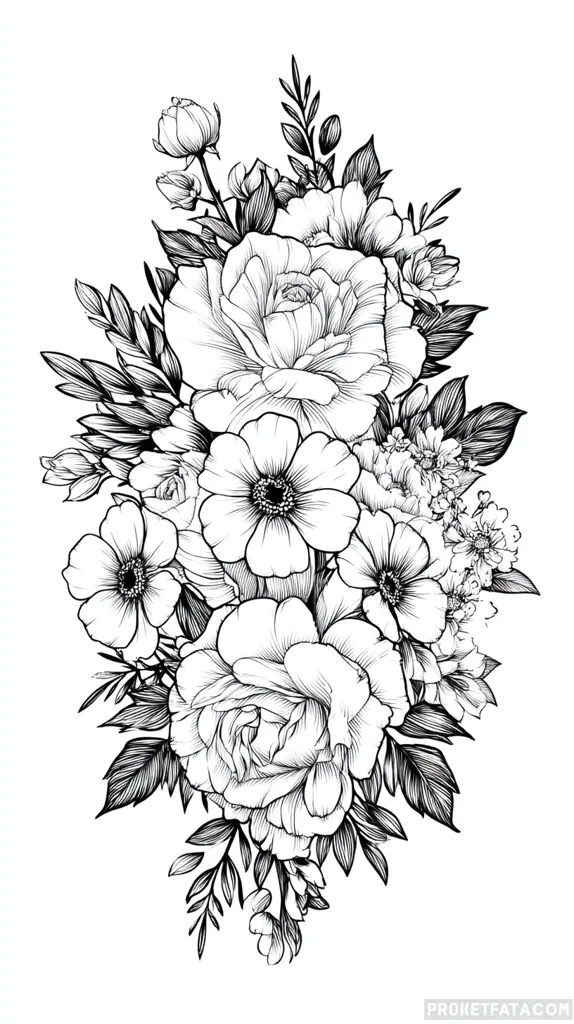 A black and white illustration of a lush floral arrangement.  Intricate linework details large roses, delicate anemones, and smaller blossoms, creating a dense, elegant bouquet. The style is reminiscent of botanical illustration, with a focus on the texture and form of each flower.  The composition is vertically oriented, suggesting a potential design for a print or tattoo.