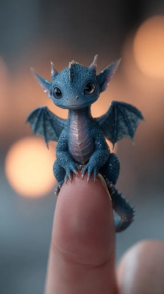 A tiny, adorable baby dragon, rendered in stunning detail, perches on a human finger.  Its blue scales shimmer, and large, expressive eyes gaze directly at the viewer.  Small wings are neatly folded behind it. The background is softly blurred, focusing attention on the charming miniature dragon.  The image evokes a sense of fantasy and wonder.