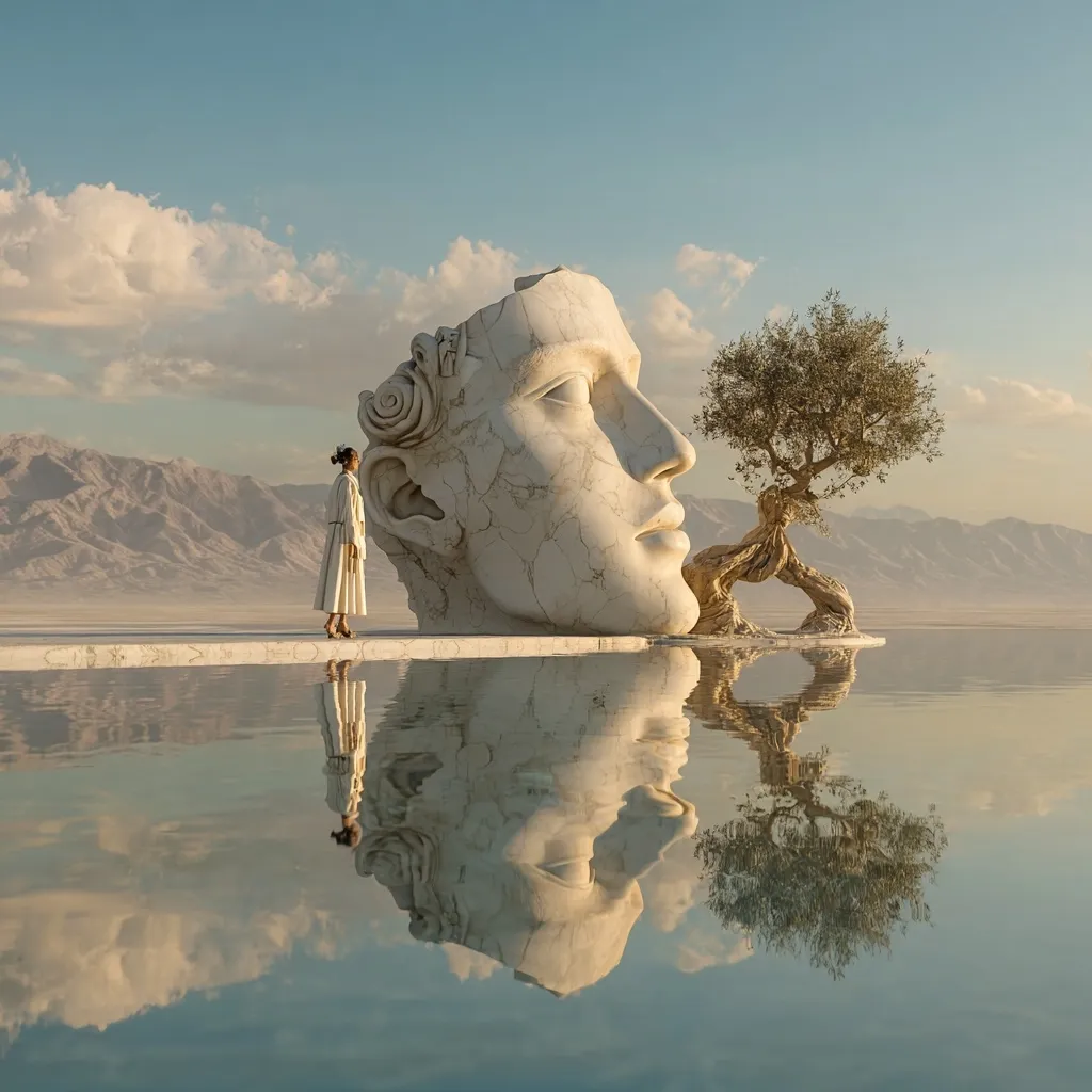 A woman in a light-colored dress stands before a colossal, fragmented marble head, situated beside a contorted olive tree.  The scene is serene, reflecting in still water, against a backdrop of tranquil mountains under a pale sky.  The overall atmosphere is one of contemplative solitude and surreal beauty. The juxtaposition of classical sculpture with a contemporary figure and minimalist landscape creates a striking visual narrative.