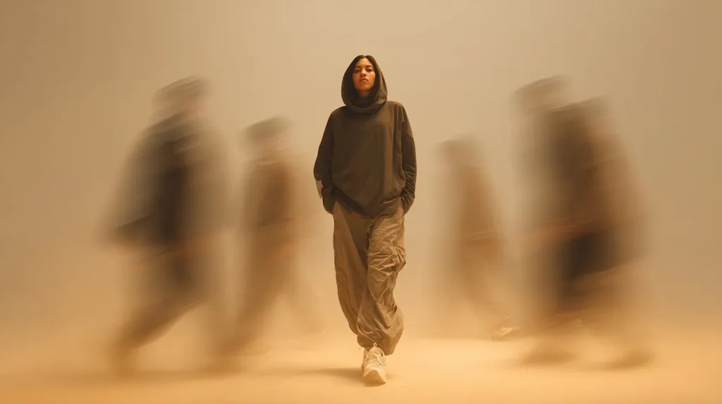 A young woman in a dark gray hoodie and cargo pants stands confidently in the foreground, sharply in focus.  Surrounding her, several figures are blurred by motion, creating a sense of movement and anonymity. The muted color palette and hazy background emphasize the woman's stillness and individuality amidst the bustling crowd.  The overall image evokes a feeling of quiet strength and resilience.