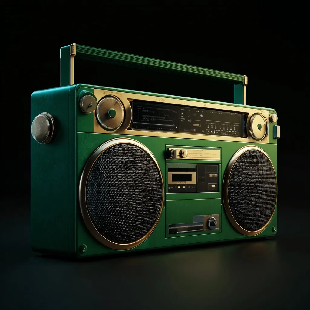 A sleek, emerald green boombox with gold accents sits on a dark surface.  The retro design features large speakers, a cassette player, and radio dials.  The rich color and metallic trim give it a luxurious, vintage feel.  Its presence suggests a nostalgic connection to a bygone era of music and portable entertainment.