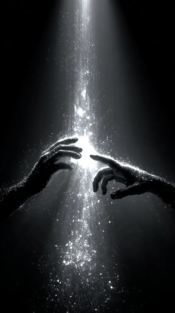 Two silhouetted hands reach towards a beam of light, emanating particles. The hands appear to almost touch, creating a sense of connection or bridging a gap.  The dark background contrasts sharply with the bright light, enhancing the ethereal and mystical atmosphere of the image.  The overall effect is one of hope, mystery, and the potential for connection.