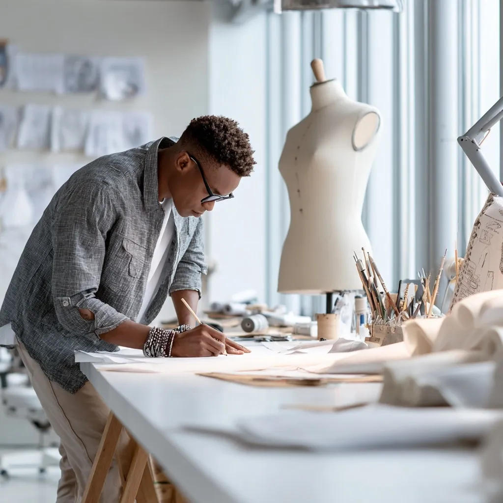 A young Black male fashion designer meticulously sketches designs on a large sheet of paper at his workstation. He's focused on his work, leaning over the table.  A dress form stands nearby, surrounded by design tools and fabric. The bright, airy studio setting reflects his creative process.  His attire is casual yet professional.