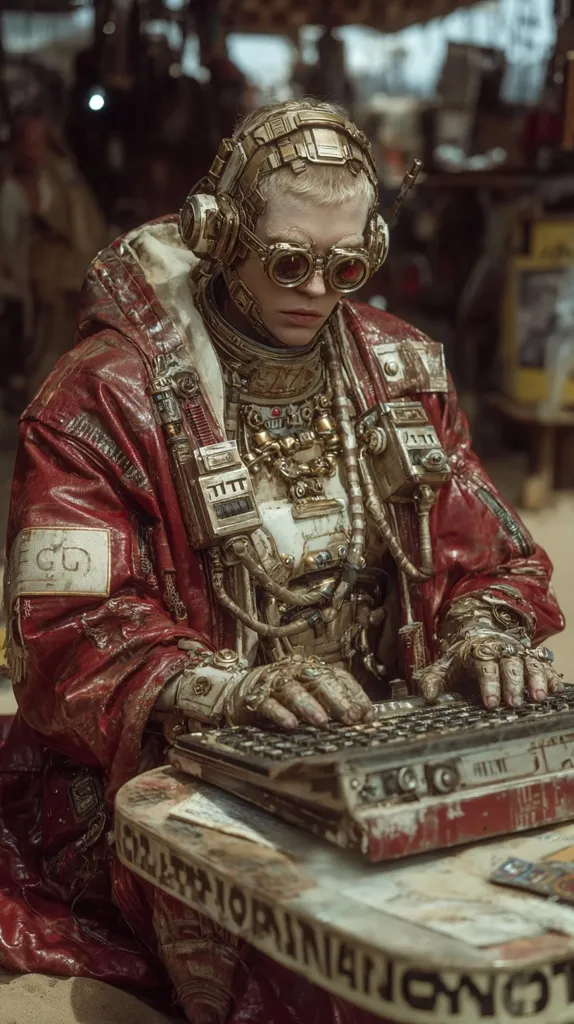 A steampunk-inspired figure, clad in a worn, red coat and intricate gold-toned mechanical accessories, sits hunched over a weathered keyboard.  Goggles and headphones adorn their face, adding to the futuristic, post-apocalyptic aesthetic.  The setting appears dusty and desolate, enhancing the overall gritty, dystopian vibe.  The image suggests a narrative of survival and technological adaptation in a harsh environment.